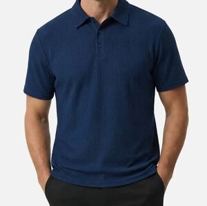 DKNY Men's Deep Blue Polo Shirt Sweater Like Material 3 Buttons Down The Front
